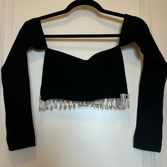 ZARA Off The Shoulder Black Rhinestone Seamless Crop Top Long Sleeve Size S!! - Picture 10 of 16